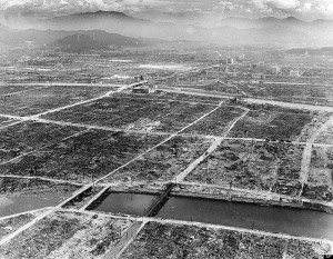 A few steel and concrete buildings and bridges are still intact in Hiroshima after the Japanese city was hit by an atomic bomb by the U.S., during World War II Sept. 5, 1945.  (AP Photo/Max Desfor)